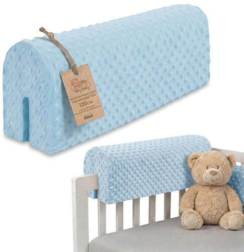 Bettkantenschutz für Kinderbetten Minky 120 cm - Schutz für Bettrahmen Baby Bett rausfallschutz für boxspringbett bettgitter mit Minky Bezug Kantenschutz Kinder Babybett Oeko-Tex Blau