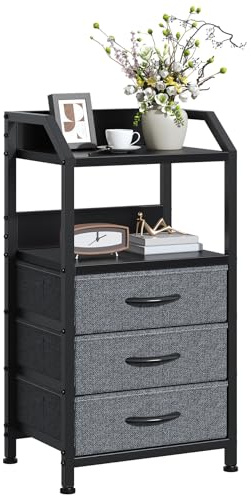 GoaHi Bedside Table, Nightstands with 3 Fabric Drawers and Open Shelf, Modern Sofa End Tables with Wood Top and Metal Frame for Bedroom, Living Room, Small Spaces,Black