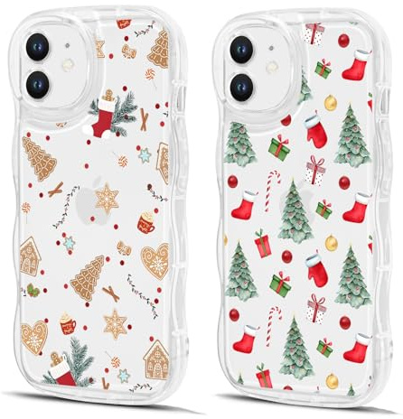 Coiwxmoi 2 Stück Weihnachten Hülle für iPhone 11 6,1, Niedliche Wellen Lockige Transparente Handyhülle mit Lebkuchenmann und Weihnachtsbaum Muster Design, Stoßfest Silikon Schutzhülle für Frauen