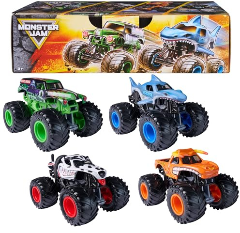 Monster Jam, All Stars 4-Pack Monster Trucks, Official Grave Digger, Megalodon, Dalmatian and El Toro Loco 1:64 Scale, Kids Toys for Boys Ages 3 and up