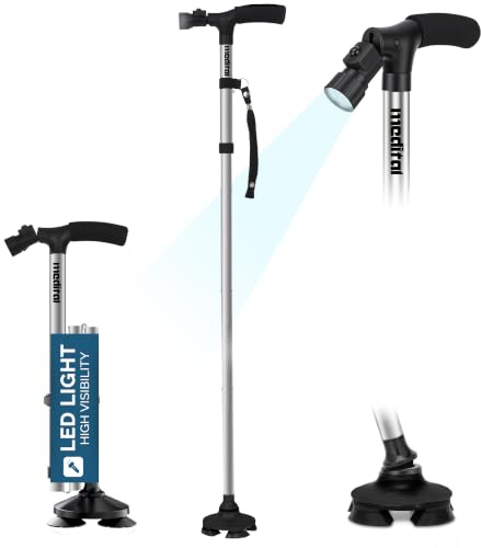 MEDITAL Folding Walking Stick with LED Light - 84.5-94.5cm Adjustable Walking Cane - Foldable Walking Stick for Men & Women with Extra Wide Pivoting Base - Comfortable Grip & Self-Standing Design