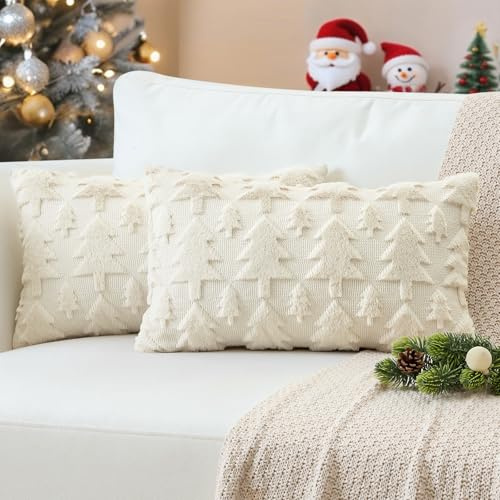 JOTOM 2er Set Weihnachten Kissenbezüge, Plüsch Kurze Wolle Dekorativ Zierkissenbezüge Weihnachtsbaum Kissenhüllen Sofakissen Kissenbezug Weihnachtsdeko für Wohnzimmer Garten (30x50cm, Creme Beige)