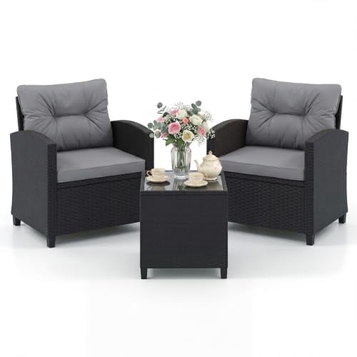 GIANTEX Rattan Gartenmöbel Set, Balkonmöbel Kleiner Balkon, Lounge Möbel Outdoor, Balkon Set 2 Personen, Balkonmöbel Set 3 teilig 2 Sessel & Tisch, Terrassenmöbel (Schwarzem Rattan + Grauem Kissen)