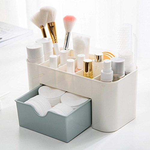 Upxiang Cosmetic Make Up Organiser Display Table Desktop Storage Stand, Makeup Drawer Type Storage Box Case Holder Brush Pen Jewelry Organizer Saving Space (Blue)