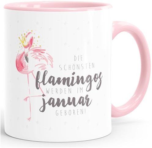 MoonWorks Geburtstags-Tasse Flamingo Krone die schönsten Flamingos werden im Januar geboren Geschenk-Tasse farbiger Henkel Rosa unisize