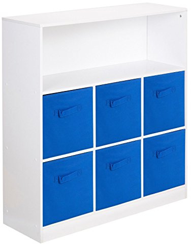 URBNLIVING White Wide 7 Cube Bookcase + 6 Dark Blue Non Woven Drawers