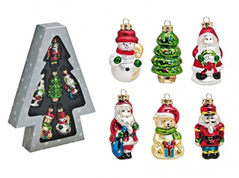 meindekoartikel 6teiliges Weihnachtsanhänger-Set aus Glas Baumschmuck Weihnachtsschmuck Klassische Motive Höhe 8cm