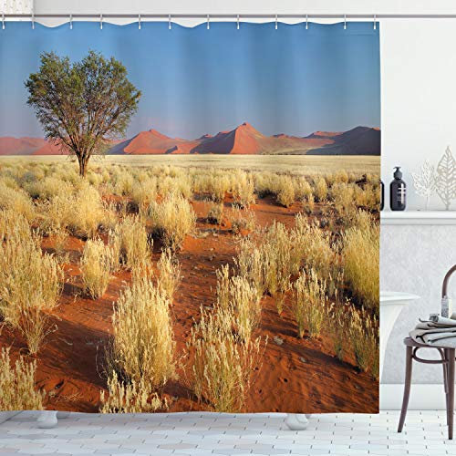 ABAKUHAUS Landschaft Duschvorhang, Südafrika Wüste, Stoffliches Gewebe Badezimmerdekorationsset mit Haken, 175 x 180 cm, Himmelblau Ringelblume