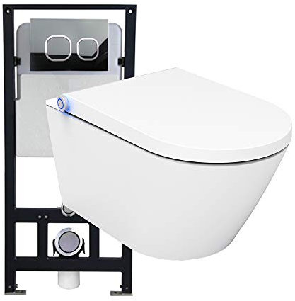 BERNSTEIN - Pack WC japonais + Bâti-support plaque Noir mat, Toilettes suspendu lavant Cuvette céramique brillant, jet douche, Abattant LED, Chasse Vortex 180° - 59x38x38cm - Basic 1102