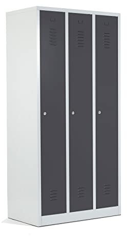 Schrank & Stuhl Spind – Metallspind mit 3 Abteilen in 180 x 90 x 50 cm, Schließfachschrank mit Hutboden & Zylinderschlössern, Lieferung komplett montiert, Grau/Anthrazit