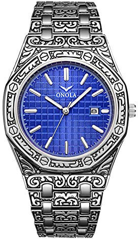 rorios Retro Herren Uhren Mode Analog Quarz Armbanduhren mit Kalender Edelstahlband Graviert Männer Armbanduhr