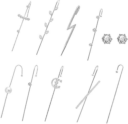 11Pcs Unique Ear Wrap Crawler Hook Earrings - Long Ear Cuff Set with Rhinestone (Silver)