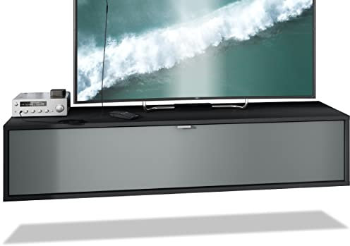 Vladon TV Board Lana 140 Hängeschrank Lowboard 140 x 29 x 37 cm, Made in Germany, Korpus in Schwarz matt, Fronten in Graphit seidenmatt | Große Farbauswahl