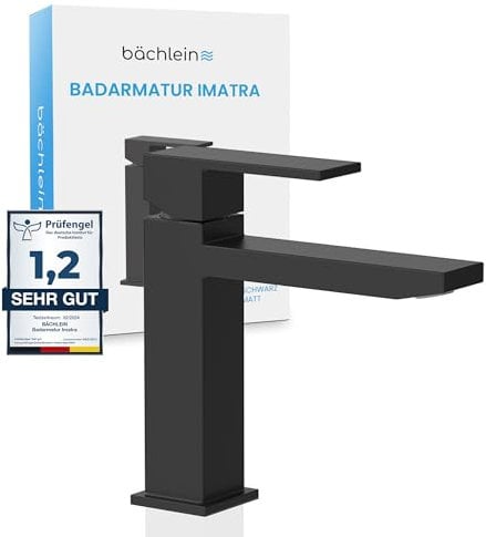 Bächlein Badarmatur Imatra in kantigem Design, Einhebelmischer mit klarer Linienführung in modernem Look, Bad Wasserhahn Matt Schwarz