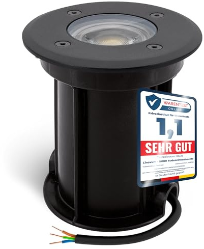 linovum BORU Bodeneinbaustrahler für Aussen IP67 schwarz mit LED GU10 2W warmweiß - Bodenleuchte befahrbar rund 230V mit Kabel