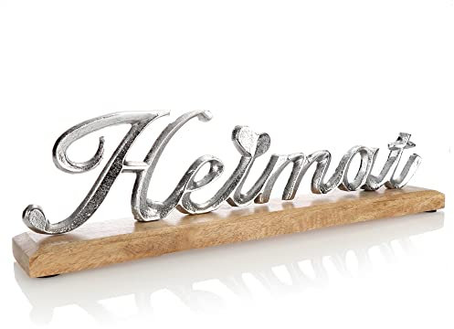 com-four® Deko Aufsteller Heimat - Schriftzug aus vernickeltem Aluminium auf Mangoholz-Sockel - Deko-Schriftzug zum Hinstellen (silberfarben - Heimat)