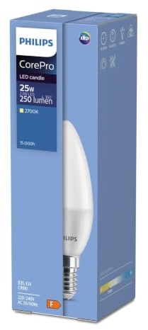 Philips CorePro LED Candle 2.8W 25W Equivalent SES E14 Frosted 2700K Very Warm White Non-Dimmable Energy Saving Decorative Light Bulb for Home & Hospitality Lighting