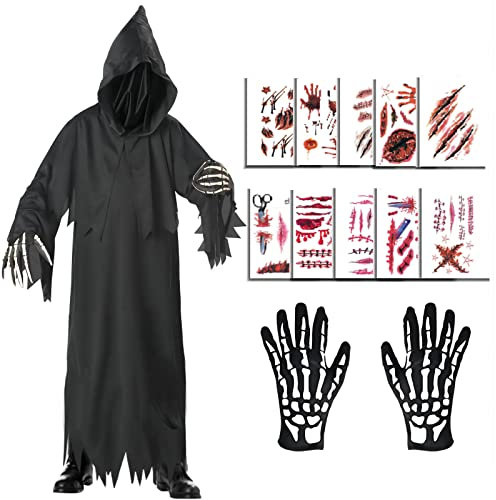 Halloween Kostüm Herren,Gewand Des Sensenmanns mit Maskenhandschuhen Halloween Kostüm Erwachsene Unisex Halloween Rollenspiel,Mit 10 Halloween Tattoo Gesicht