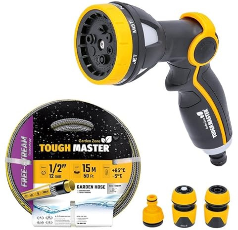 Garden Hose Reinforced Outdoor Watering Accessories for Garden Water Feature, Pressure Washer, Garden Sprinklers, DIY Tools Tough Master (50FT + Spray Gun)
