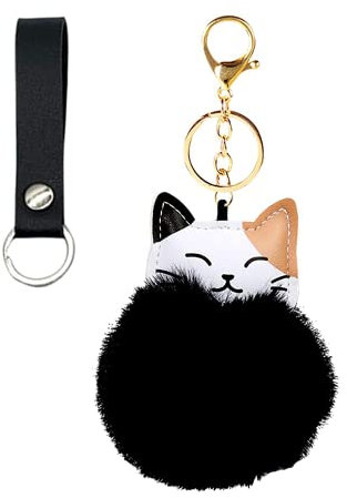 Qiwenr Schlüsselanhänger mit Bommel Plüsch Ball Schlüsselanhänger, Schwarz pom pom Schlüsselbund, für Handtasche Schlüssel Rucksäcke Auto Deko