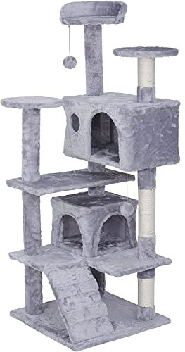 NYVI Katzen Kratzbaum Luzifer 134 cm groß grau - Deluxe Katzenbaum mit 2 Katzenhöhlen, 2 Plattformen, Katzenspielzeug und Sisal Kratz Säule - Stabiles und Robustes Katzenhaus