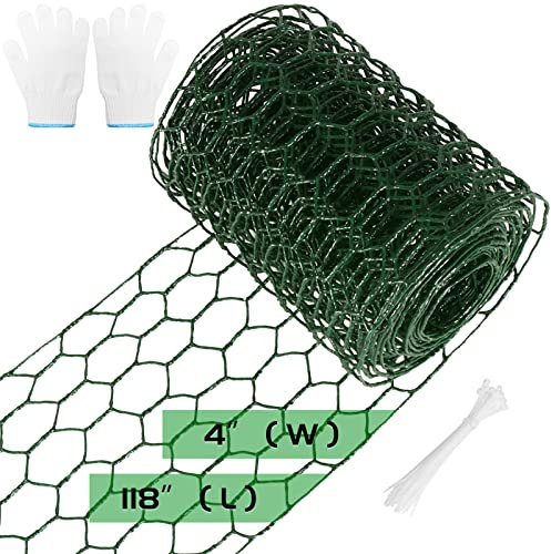 Aboofx Green Chicken Wire Mesh, 118 x 4 inch Chicken Wire Craft, Hexagonal PVC Coated Galvanized Iron Wire for Floral Arrangements, with 20 Zip Ties and 1 Pair of Glove
