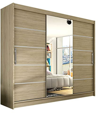 Mirjan24 Schwebetürenschrank Aston VI mit Spiegel, Kleiderschrank, Garderobe, Schlafzimmer, Schiebetürenschrank, Schlafzimmerschrank (Sonoma, ohne Beleuchtung)