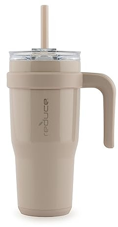 REDUCE 24 oz Stainless Steel Tumbler with Handle - Dual-Wall Vacuum Insulated Travel Mug, Sweat-Proof Lid & Reusable Straw - Keeps Drinks Cold for 24 Hrs, Fits Cupholders, Dishwasher Safe - Sand