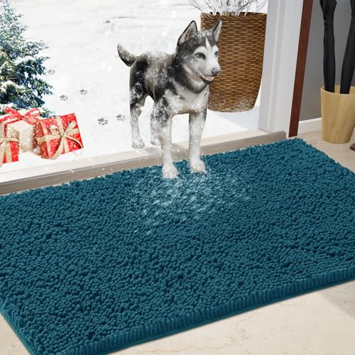 IM HOME Chenille Absorbent Outdoor Doormat 36 x 24, Washable Muddy Door Mats for Dog Non Slip Indoor Doormat Dog Mat for Muddy Paw Front Inside Doormats for Entryway Teal Blue
