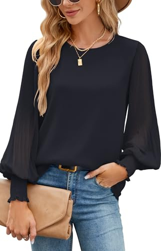 Odosalii Bluse Damen Elegant Schwarz Herbst Langarm Chiffon Oberteil | Plissee transparent Laternenärmel/Rundhals/Doppelschicht luftige Stoff/Schicke/Lose/lässig/schöne/Vintage/Swing/hochwertig