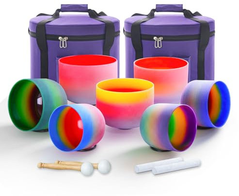 Hye-eun Cuencos de cristal de 432 Hz, 7-12 pulgadas, juego de 7 cuencos de sonido de cuarzo de color arcoíris con funda de transporte para yoga, instrumento de sanación y meditación