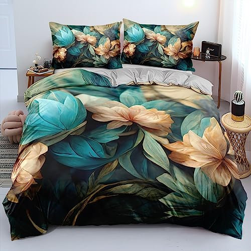 Luofanfei Bettwäsche Blumen 135x200 cm Blau Petrol Grau Vintage Blüten 3D Geblümt Floral Pflanzen Muster Set 2er Blumenmuster Microfaser Bettbezug Einzelbett und Kissenbezug 80x80cm