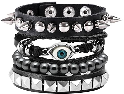 MILAKOO 4 Stk.gewebtes Lederarmband Holzperlenmanschette Herren Nieten Punk Wickelarmband Set,B14