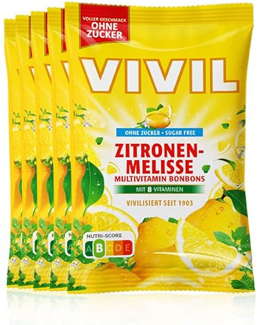 VIVIL Zitronenmelisse mit 8 Vitaminen, 5 Beutel, Multivitaminbonbons mit Zitronenmelissegeschmack, zuckerfrei & vegan, 5 x 120g