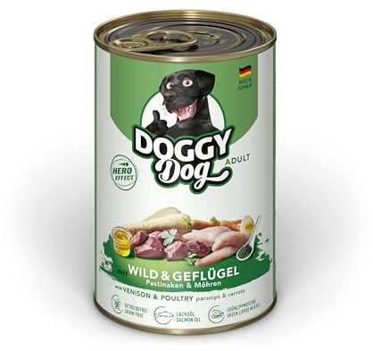 DOGGY Dog Paté Wild & Geflügel, 6 x 400 g, Nassfutter für Hunde, getreidefreies Hundefutter mit Lachsöl und Grünlippmuschel, Alleinfuttermittel mit Pastinake und Möhre, Made in Germany