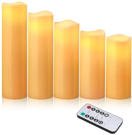 XEMQENER 5PCS LED Candles - Flameless with Real Wax, Flickering Battery Candles with Remote Timer Dimmer for Wedding Festival Decoration, Ivory
