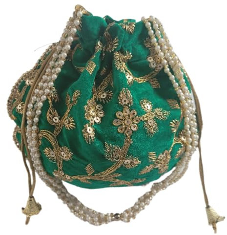 Handgefertigte Potli-Tasche für Damen, indischer Samt, Party, Hochzeit, Clutch, traditionelles Geschenk, smaragdgrün, 22x20 cm