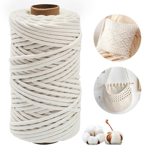 Makramee Garn Natur 4mm x 100m -4mm Naturfarbenes Baumwollgarn für DIY Projekte, Umweltfreundlich, Weich, Stark - Ideal für Wandbehänge, Pflanzenhänger & Handarbeit Garn Bobbiny