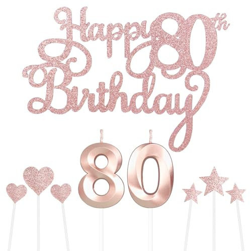 Personalised Birthday Cake Topper with Number 80 Cake Candles & Star Cupcake Toppers - Rose Gold - 9 Piece Set