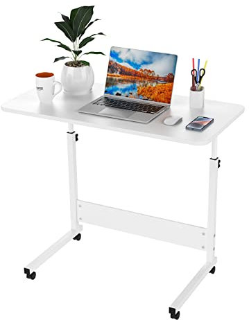 PIPIPOXER 80 x 40 cm, tavolo per computer portatile con ruote, altezza regolabile 69 – 90 cm, tavolo mobile da sopraelevato, tavolo girevole a 360, tavolino per divano, bianco