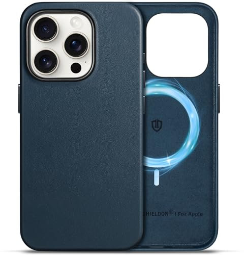 SHIELDON Custodia per iPhone 15 Pro 6,1, Custodia in Vera Pelle [Antigraffio] [Protezione Completa] Cover per Telefono con Ricarica Wireless Magnetica Compatibile con iPhone 15 Pro - Blu Navy