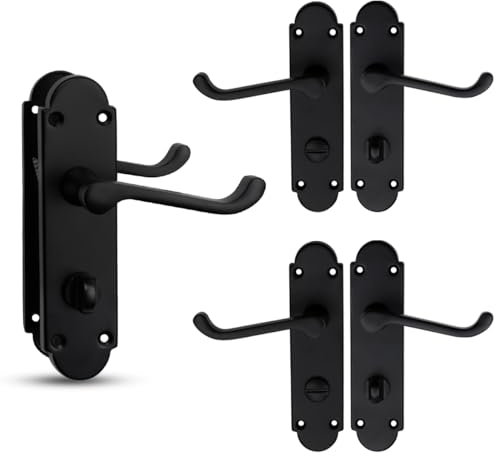 Bwintech 3 Sets Matt Black Richmond Lever on Plate, Latch Furniture, Backplate Door Handles, with Bathroom knob, Suitable for Wooden Doors