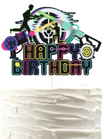 Laser Tag Happy Birthday Cake Topper,Glitter Neon Cake Decorations,Neon Shooting War Game Themed for Kids Boys Men Birthday Party Supplies.