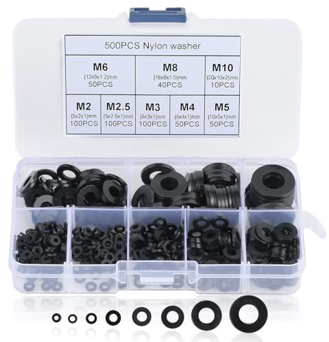 500 pièces, rondelles plates, entretoises en nylon, joints de tête de machine, entretoises pour fixation industrielle, rondelles mécaniques - M2, M2, 5, M3, M4, M5, M6, M8, M10 (noir)