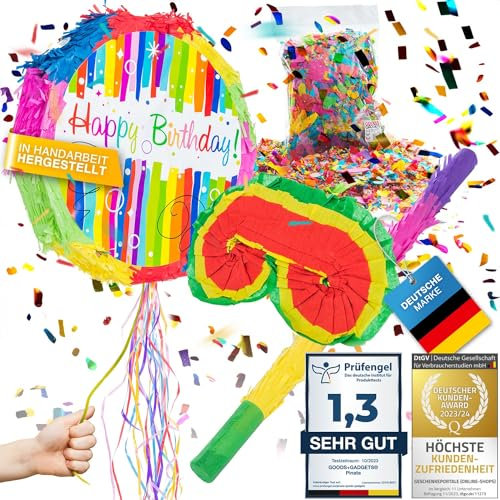 Pinata Party-Dekoration zum Befüllen XXL Set mit Konfetti, Stab & Maske; Auffüllen mit Süßigkeiten für Kinder-Geburtstag Hochzeit Party Feiern (Geburtstag + Stab & Augenmaske)