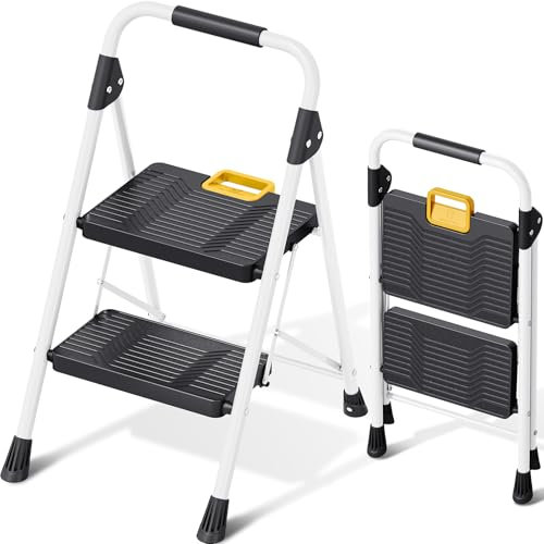 KINGRACK Scaletta 2 Gradini, Scala Pieghevole Portata 360 kg, con Blocco di Sicurezza, Ampio Pedale Antiscivolo, Corrimano, Scala Domestica Leggera in Acciaio, per Casa Cucina Armadi Ufficio, Bianco