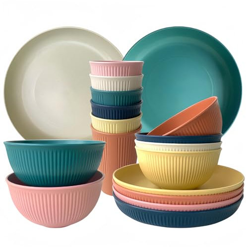 Assiettes de camping incassables pour 6, 18 pièces en plastique pour fête, maison et pique-nique, couverts de camping légers pour enfants et personnes âgées (couleur)