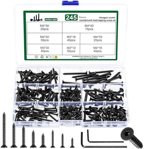 245 Pz M3 M4 Viti per Legno, Assortimenti di Viti Autofilettanti per Legno, Set di Viti a Testa Piatta, Viti a Testa Svasata con Esagono Incassato, Kit di Viti per Lamiera Plastica Cartongesso