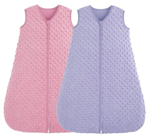 FIEMOL Schlafsack Baby 6-12 Monate 1.5 Tog, Neugeborene Schlafsack Herbst mit Plüsch Punkte, Weiche Winter Schlummersack Baumwolle, Baby Tragedecke Rosa&Lila 2er Pack 78cm