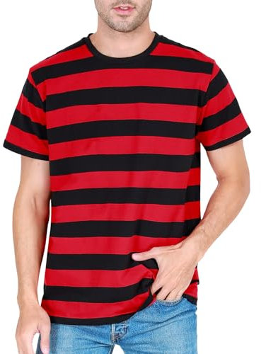 COSAVOROCK Mens Striped T Shirt Short Sleeved Red and Black Stripe Shirts XXL